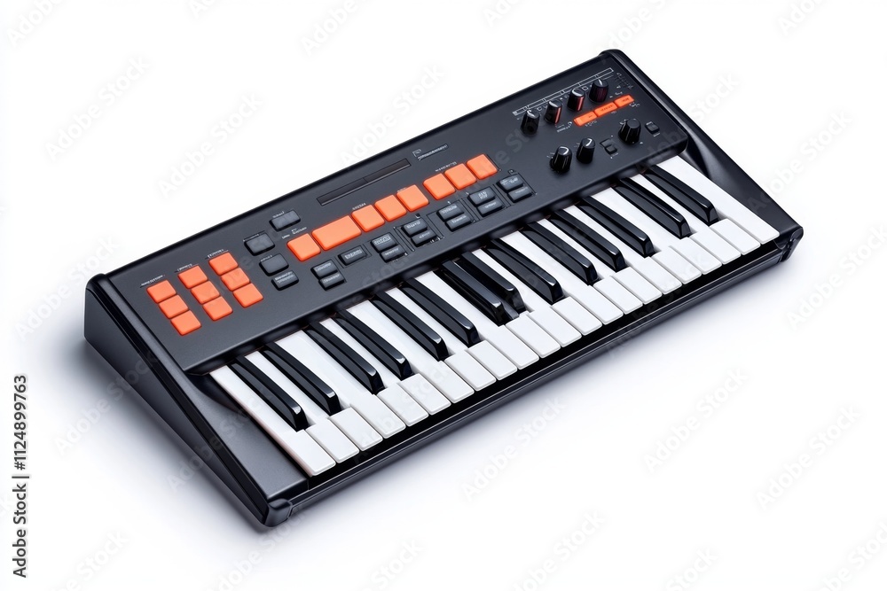 Poster a sleek modern synthesizer isolated on a pure white background, showcasing its digital interface and