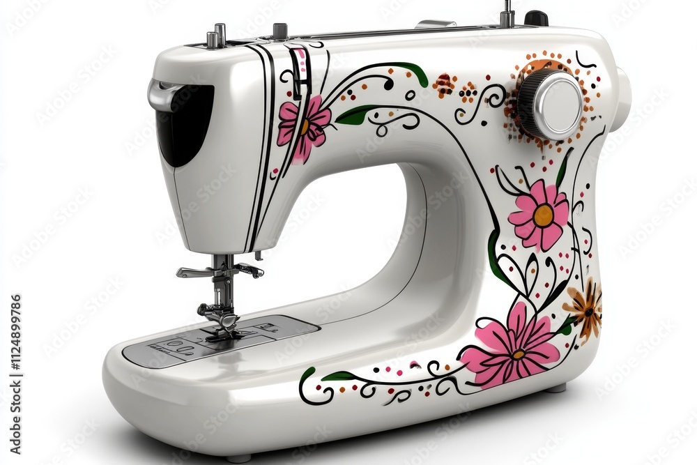 Poster a sleek modern sewing machine isolated on a clean white background, showcasing its compact design an