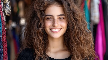 Obraz premium Joyful young woman posing in colorful clothing store lifestyle portrait urban environment close-up shot vibrant fashion concepts