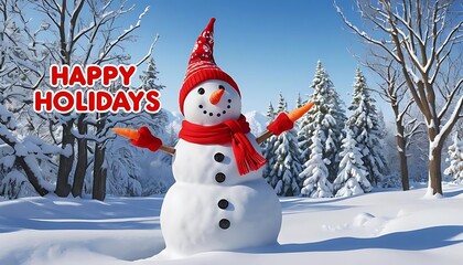  snowman in a red hat and scarf, in a snowy forest. Text says "Happy Holidays