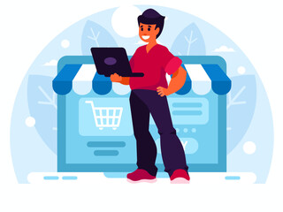 Programmer develops an online store. Programmer standing with laptop. Man holding a laptop. Online store on laptop screen. E-commerce concept. Vector graphics