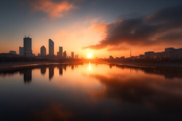Sunset over the city skyline casting reflections on the calm water of the river