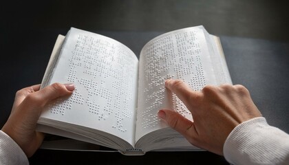Fototapeta premium Generated image A close-up of a Braille manual or guide, with hands flipping through the pages