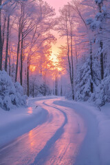 Obraz premium There is a beautiful sunrise surrounded by white trees and a pastel sky. Perfect for winter travel photography, the scene is peaceful and serene.