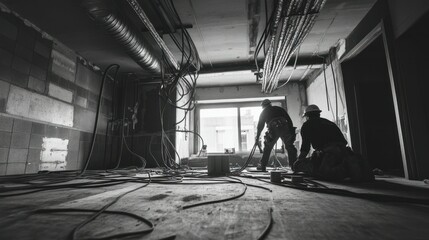 Workers installing HVAC ducts and electrical conduits in an unfinished interior floor, bundles of cables hanging overhead