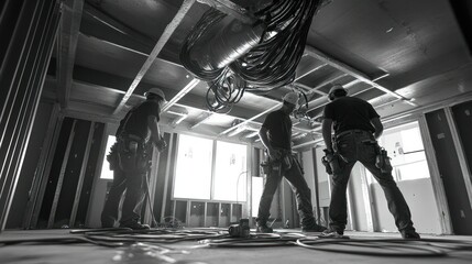Workers installing HVAC ducts and electrical conduits in an unfinished interior floor, bundles of cables hanging overhead