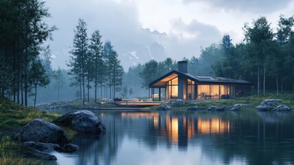 Fototapeta premium Modern lake house in misty forest at dusk.