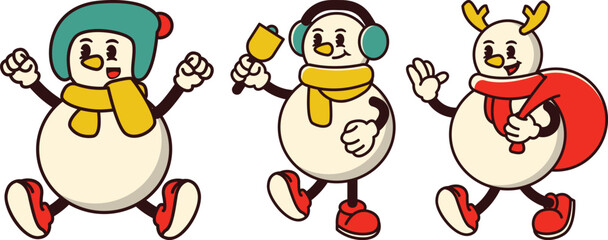 Three cartoon snowmen are walking down a snowy street, each wearing a scarf