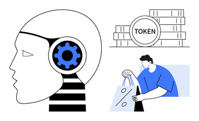 Head with gear symbolizing AI, token stacks indicating digital currency, person holding shopping bags. Ideal for technology, AI, cryptocurrency, e-commerce, fintech, futuristic concepts online