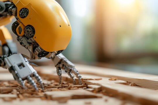 Robot working on wooden surface crafting intricate designs in a modern workshop in the afternoon