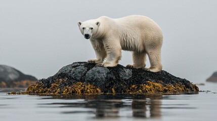 Fototapeta premium A polar bear gracefully balances on a rocky island, surrounded by still waters. Its white fur contrasts with the dark rocks and seaweed. The overcast sky sets a serene atmosphere in Axel