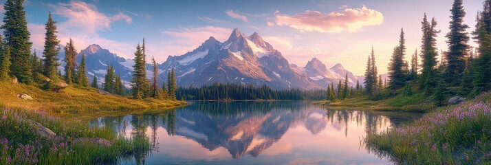 Mountain Landscape at Dawn or Dusk, Serene Lake Reflecting Sky and Majestic Mountains, Small Forested Area, Travel/Nature/Relaxation Themes