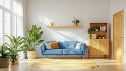 Modern Living Room with Blue Sofa and Natural Light