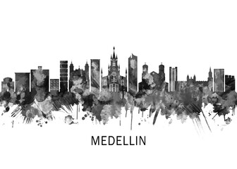 Fototapeta premium Medellin Colombia Skyline BW, cityscape landscape watercolor painting print abstract splash illustration art modern urban poster artwork landmarks skyscrapers