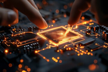 Hands placing a microchip on a circuit board with glowing connections in a tech workshop