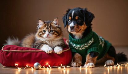 Cozy Christmas Scene with Cat lying on a red pillow and Bernese Mountain dog in a green sweater. Pets Puppies in a studio decorated for the end of the year.