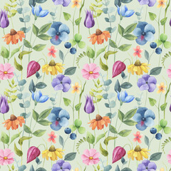 Floral seamless hand-drawn watercolor pattern with wildflowers, twigs and leaves for fabric, wallpaper and paper