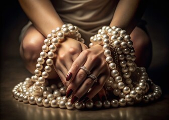 Captivating Low Light Photography of Delicate Hands and Legs Adorned with Shimmering Pearls, Highlighting Texture and Elegance in a Softly Lit Environment
