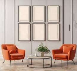 Modern living room interior with two orange armchairs. a coffee table. and six empty frames on the wall