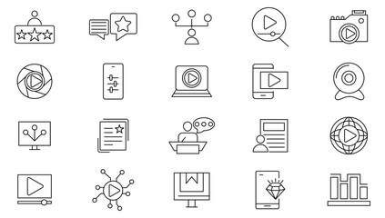 Influencer line icon set. influencer, blogger, vlogger, content creator, creator, creative, curator, moderator, blog, monetization, personal brand, video line icon set. UI thin line icon pack.