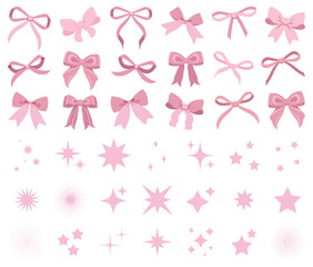 Vector soft pink vintage bow set. Bow for girly hair decor, flat icons. Ribbons isolated. Trendy girls accessories. Cute hairstyle elements collection. Sparkles icons, star shape. Glitter sparkle icon