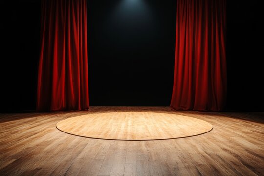 A classic magic theater stage, adorned with deep red curtains and illuminated by a radiant golden spotlight, evoking a dramatic and artistic setting for unforgettable performances