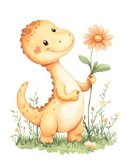 Cute yellow dinosaur holding a flower, flat illustration style, simple background, minimal details, vector file