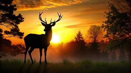 Silhouetted Deer Against a Vibrant Sunset in a Forest
