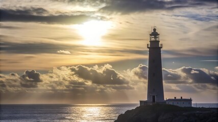 Lighthouse Silhouetted Against a Dramatic Sunset Sky