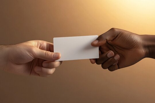 Exchange of a blank card between two hands conveying collaboration in a simple interaction - Powered by Adobe