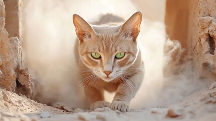 Fototapeta premium Ancient Egypt cat concept. Sandy cat with striking green eyes running through dust.