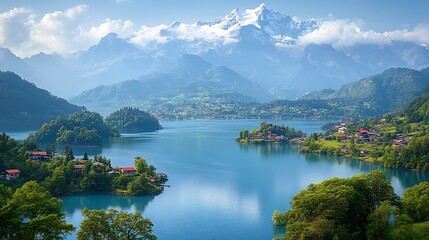 Fototapeta premium Stunning Alpine Lake Village Mountain Scenery