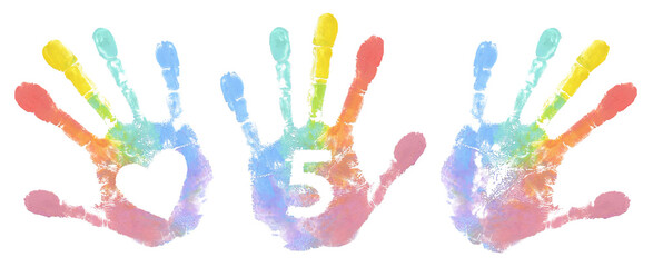 Set of multicolored hand prints with heart and number 5 isolated on white background.