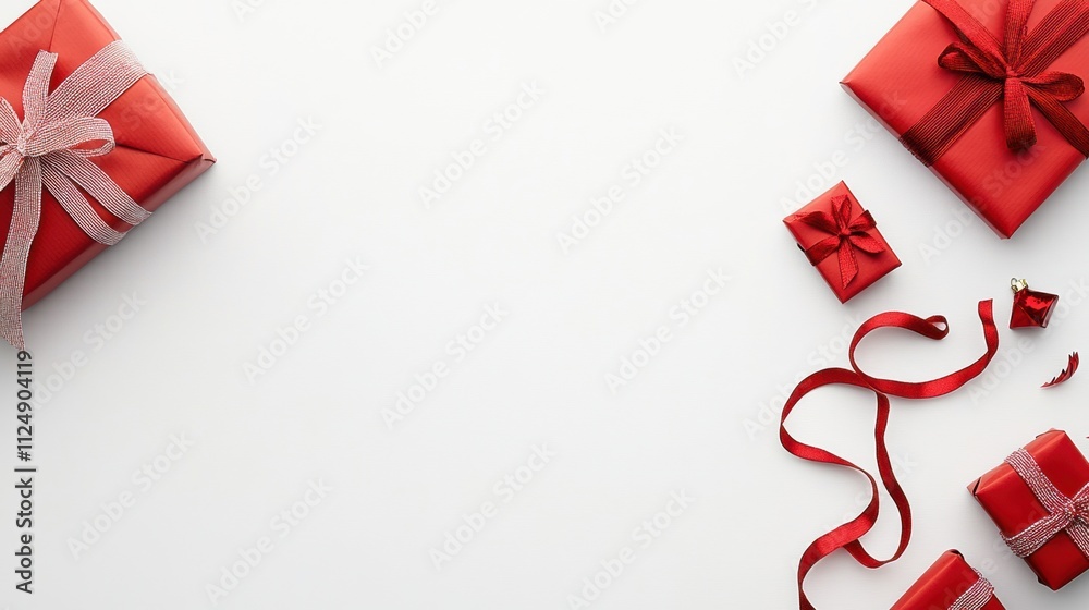 Poster Flat lay displays an assortment of red gift wrapping items including paper, ribbons, and cards, leaving space for custom text and messages. Generative AI