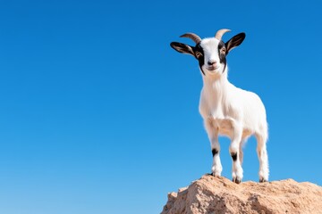 Obraz premium A close-up of a dwarf goat kid standing on a rock, with its playful expression and small horns highlighted