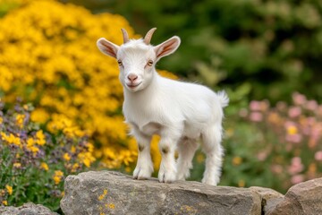 A close-up of a dwarf goat kid standing on a rock, with its playful expression and small horns highlighted