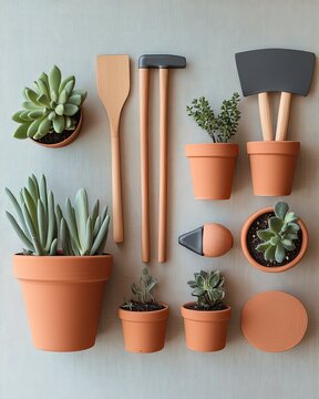 Minimalist plant care setup terracotta pots Minimalist terracotta plant care Simple plant arrangement with terracotta pots Indoor gardening with clay pots.Minimalist garden with natural pots.