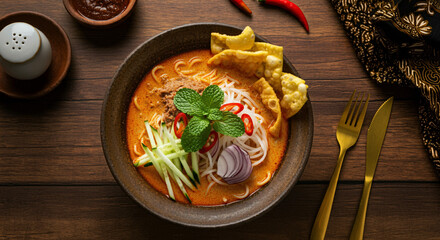 Malaysian Penang Assam laksa top view with condiments