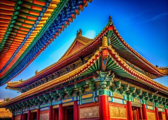 Fototapeta premium Captivating Low Light Photography of National Style Ancient Building Hall Roof Against a Clear Blue Sky, Emphasizing Architectural Beauty and Cultural Heritage