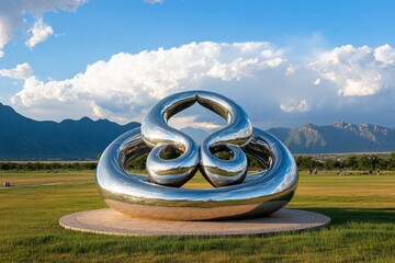 A vibrant photo of a massive Aum sculpture in an open field, bathed in golden sunlight and surrounded by spiritual seekers