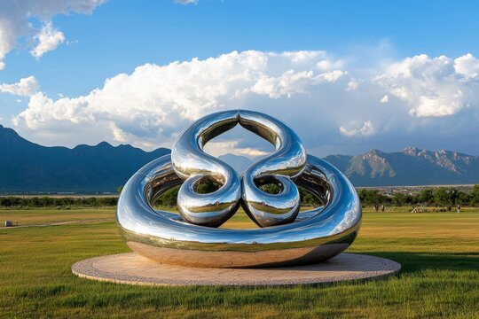 A vibrant photo of a massive Aum sculpture in an open field, bathed in golden sunlight and surrounded by spiritual seekers
