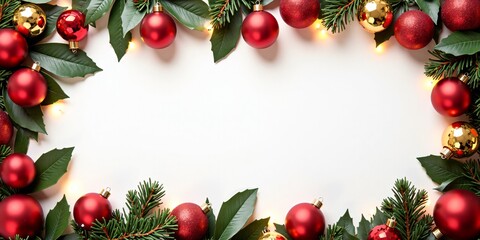 Christmas card featuring red and gold decorations on a white background with copy space, complemented by New Year lights.