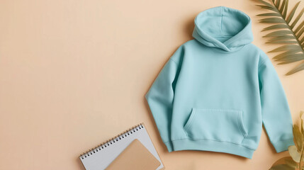 Flat layout light blue hoodie displayed on a soft beige background with a notepad and greenery nearby, Hoodie mockup 