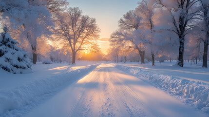 Obraz premium There is a beautiful sunrise surrounded by white trees and a pastel sky. Perfect for winter travel photography, the scene is peaceful and serene.