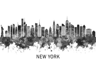 New York USA Skyline BW, cityscape landscape watercolor painting print poster abstract splash illustration urban art modern downtown landmarks skyscrapers