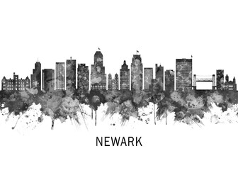 Newark New Jersey Skyline BW, cityscape landscape watercolor painting print poster abstract splash illustration urban art modern downtown landmarks skyscrapers