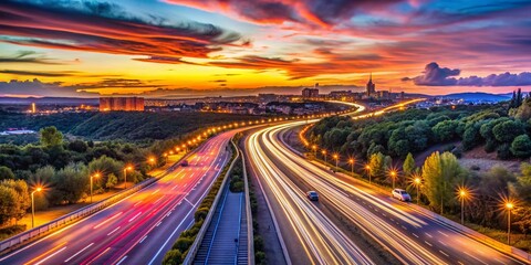 Fototapeta premium Captivating Low Light Photography of the Scenic Road Leading to Madrid at Dusk with Dramatic Skies and Soft Illuminations Alongside the Highway for a Serene Journey Experience