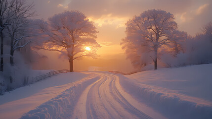 Obraz premium There is a beautiful sunrise surrounded by white trees and a pastel sky. Perfect for winter travel photography, the scene is peaceful and serene.