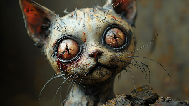 close up of a scary evil bloody zombie cat with demonic virus eyes, 