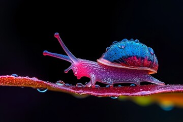 A detailed photo of a dwarf snail on a leaf, with tiny droplets of dew highlighting its delicate shell